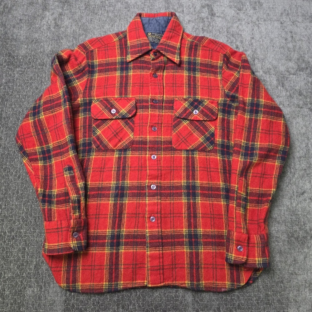 True Vtg 1960s Wool Flannel Button Up Shirt Mens Medium Red Plaid Long Sleeve M